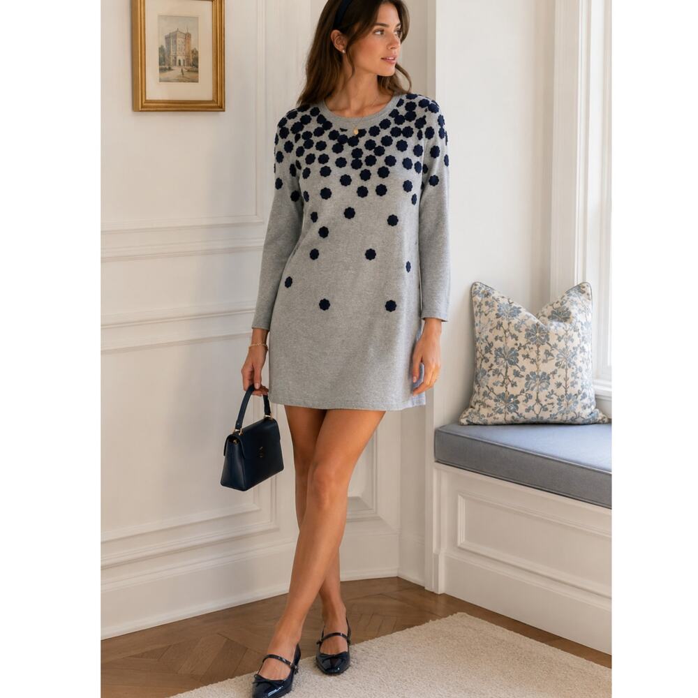 Boden Grey Blue Felt Floral Mini Dress Womens 6 Mod Retro Classic Shift Spring
